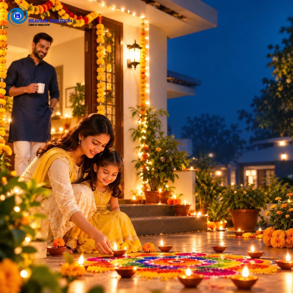 Diwali celebration with rangoli and diyas
